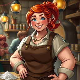 Mira, a sturdy and muscular woman with a warm and welcoming presence, is depicted in a lively tavern setting