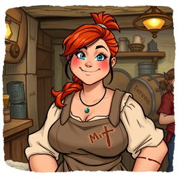 Mira, a sturdy and muscular woman with a warm and welcoming presence, is depicted in a lively tavern setting