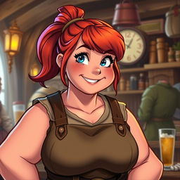 Mira, a sturdy and muscular woman with a warm and welcoming presence, is depicted in a lively tavern setting