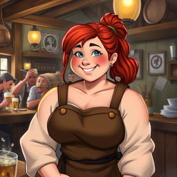 Mira, a sturdy and muscular woman with a warm and welcoming presence, is depicted in a lively tavern setting