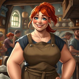 Mira, a sturdy and muscular woman with a warm and welcoming presence, is portrayed in a realistic style within a bustling tavern