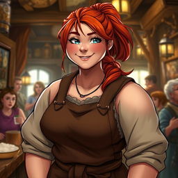 Mira, a sturdy and muscular woman with a warm and welcoming presence, is portrayed in a realistic style within a bustling tavern