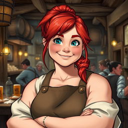 Mira, a sturdy and muscular woman with a warm and welcoming presence, is portrayed in a realistic style within a bustling tavern