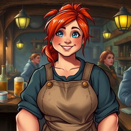 Mira, a sturdy and muscular woman with a warm and welcoming presence, is portrayed in a realistic style within a bustling tavern