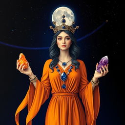 Luna, the Goddess of the Moon, graces the scene in a deep-saffron colored dress, embodying the essence of celestial mystique