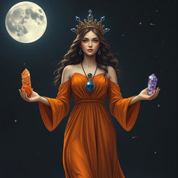 Luna, the Goddess of the Moon, graces the scene in a deep-saffron colored dress, embodying the essence of celestial mystique