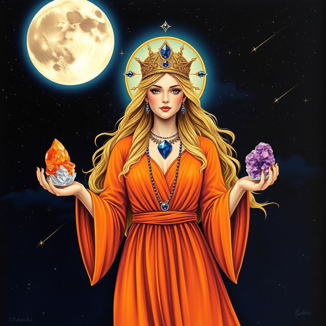 Luna, the Goddess of the Moon, graces the scene in a deep-saffron colored dress, embodying the essence of celestial mystique