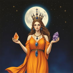 Luna, the Goddess of the Moon, graces the scene in a deep-saffron colored dress, embodying the essence of celestial mystique