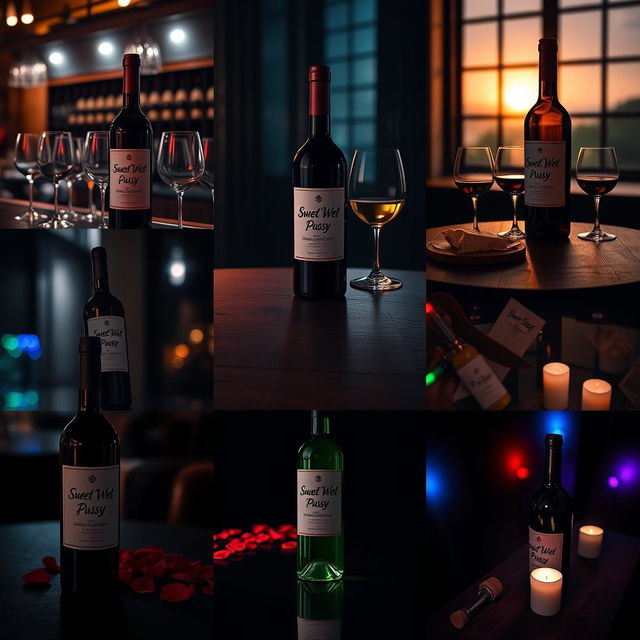 Nine variations of the previously described wine bottle on a dimly lit bar table