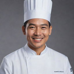 Generate a hyper-realistic portrait of Reynold Poernomo, displaying his signature chef's attire and engaging smile.