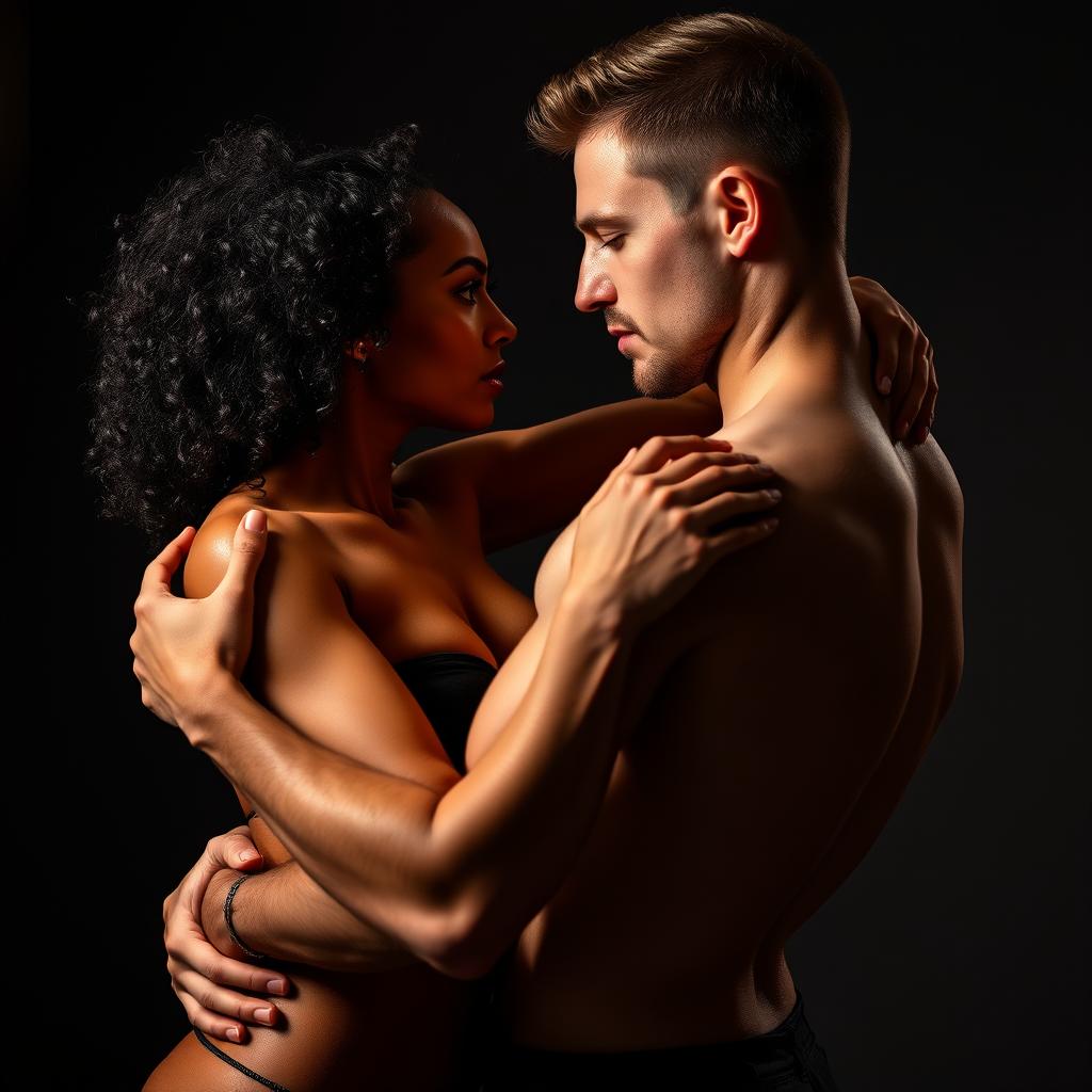 A passionate and intimate moment captured in an erotic dance pose where a couple exudes chemistry and attraction