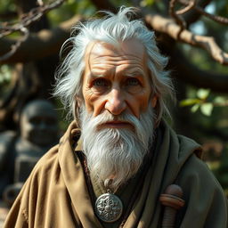 Orin, an elderly man embodying wisdom and serenity, is depicted in a tranquil outdoor setting