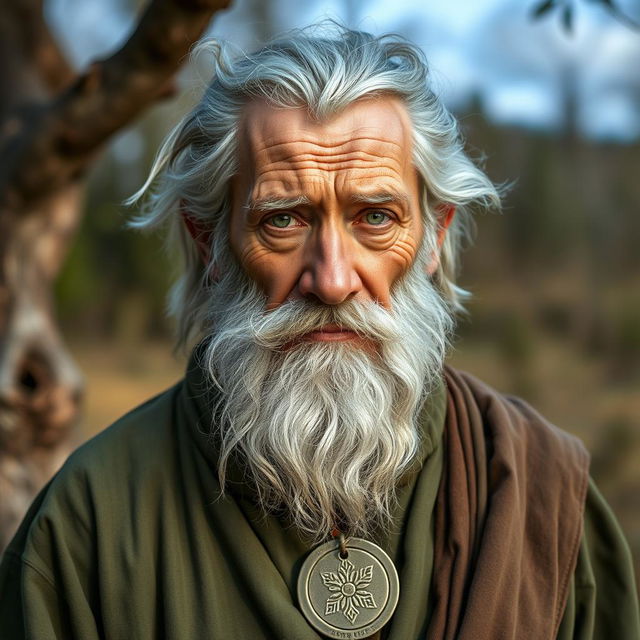 Orin, an elderly man embodying wisdom and serenity, is depicted in a tranquil outdoor setting