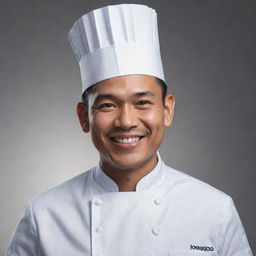 Generate a hyper-realistic portrait of Reynold Poernomo, displaying his signature chef's attire and engaging smile.