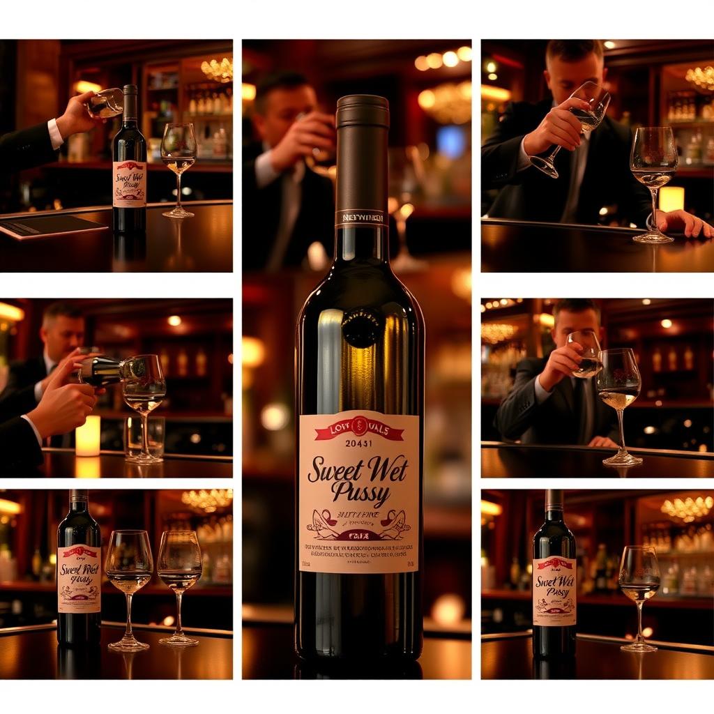 A series of nine images of a wine bottle on a bar table branded 'Sweet Wet Pussy'