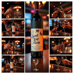 A series of nine images of a wine bottle on a bar table branded 'Sweet Wet Pussy'
