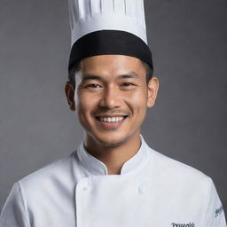 Generate a hyper-realistic portrait of Reynold Poernomo, displaying his signature chef's attire and engaging smile.