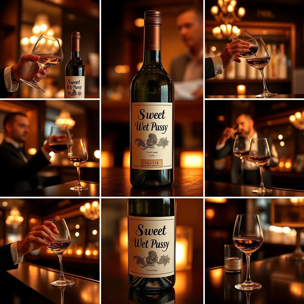 A series of nine images of a wine bottle on a bar table branded 'Sweet Wet Pussy'