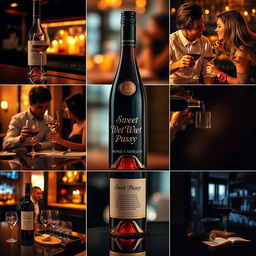 Nine images featuring a wine bottle branded 'Sweet Wet Pussy' on a bar, with different people enjoying its contents in various sophisticated and lively settings