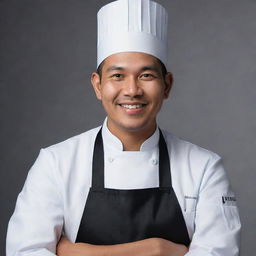 Generate a hyper-realistic portrait of Reynold Poernomo, displaying his signature chef's attire and engaging smile.