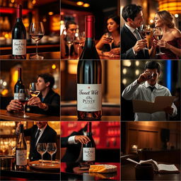 Nine images featuring a wine bottle branded 'Sweet Wet Pussy' on a bar, with different people enjoying its contents in various sophisticated and lively settings