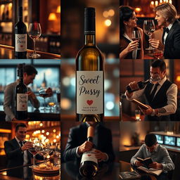 Nine images featuring a wine bottle branded 'Sweet Wet Pussy' on a bar, with different people enjoying its contents in various sophisticated and lively settings