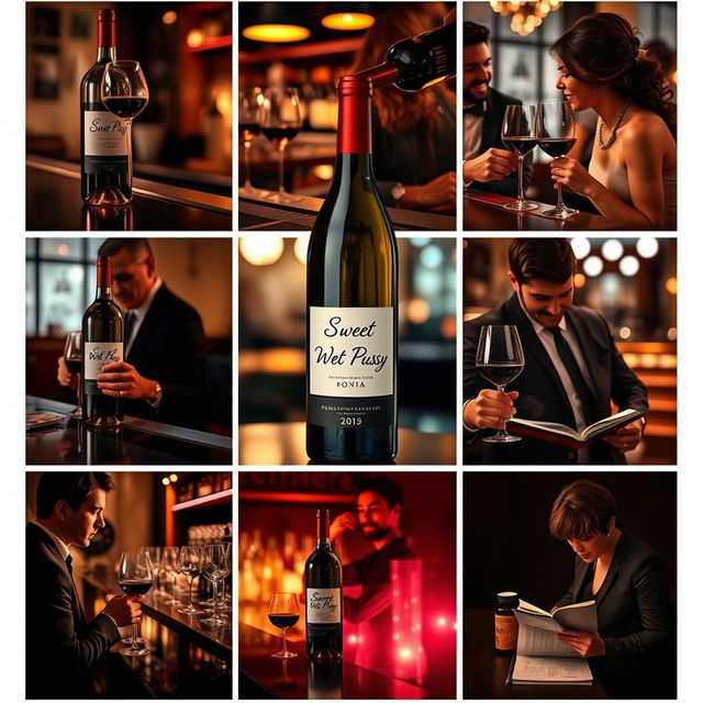 Nine images featuring a wine bottle branded 'Sweet Wet Pussy' on a bar, with different people enjoying its contents in various sophisticated and lively settings