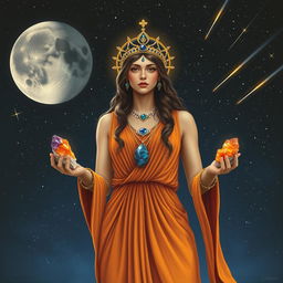 Luna, the Goddess of the Moon, captivates with her presence in a deep-saffron colored dress, exuding celestial elegance