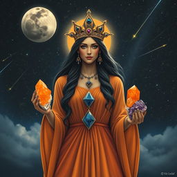 Luna, the Goddess of the Moon, captivates with her presence in a deep-saffron colored dress, exuding celestial elegance