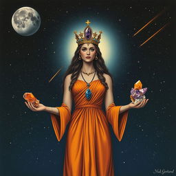 Luna, the Goddess of the Moon, captivates with her presence in a deep-saffron colored dress, exuding celestial elegance