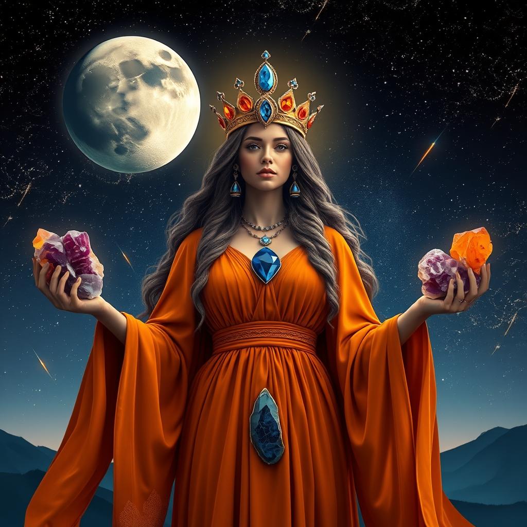 Luna, the Goddess of the Moon, captivates with her presence in a deep-saffron colored dress, exuding celestial elegance