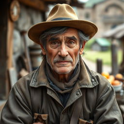 Hal, a rugged middle-aged man with a sturdy build, is depicted in a rustic setting