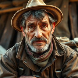 Hal, a rugged middle-aged man with a sturdy build, is depicted in a rustic setting