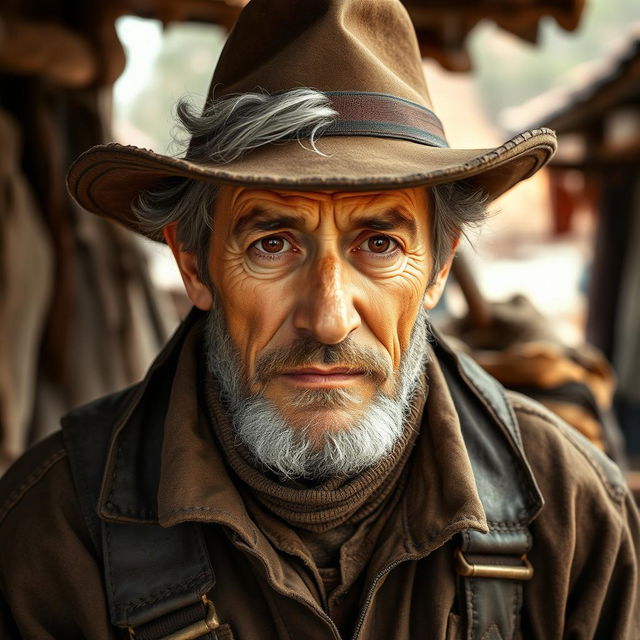 Hal, a rugged middle-aged man with a sturdy build, is depicted in a rustic setting