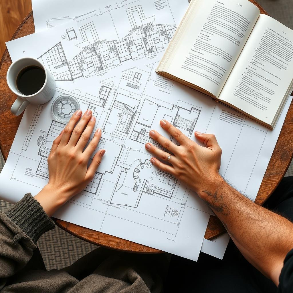 A coffee table with architectural plans spread across it, alongside a coffee mug and an open book