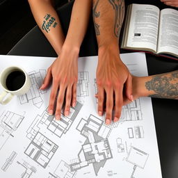 A coffee table with architectural plans spread across it, alongside a coffee mug and an open book