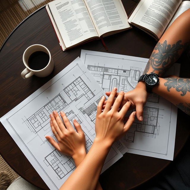 A coffee table with architectural plans spread across it, alongside a coffee mug and an open book