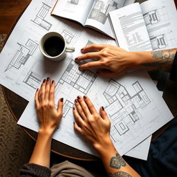 A coffee table with architectural plans spread across it, alongside a coffee mug and an open book