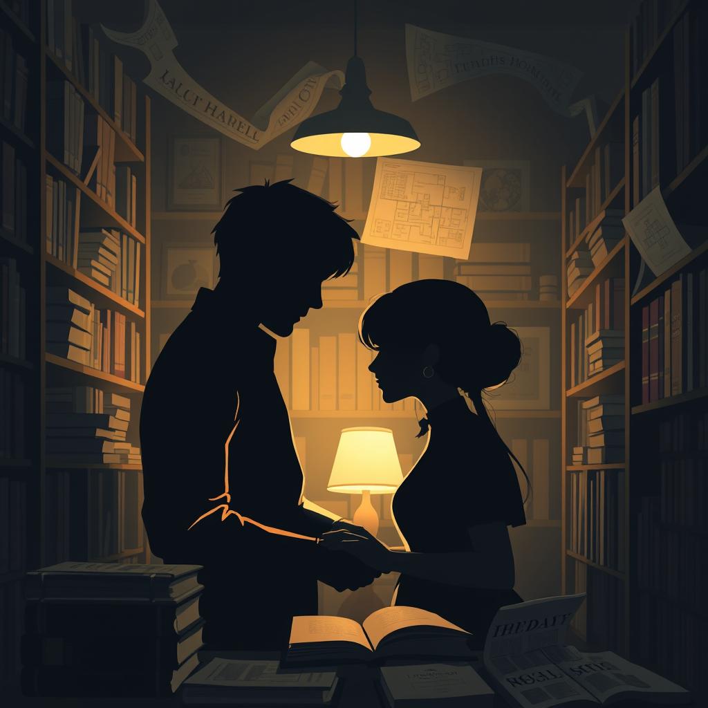 The silhouette of two characters inside a bookstore, illuminated by the soft light of a reading lamp