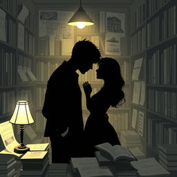 The silhouette of two characters inside a bookstore, illuminated by the soft light of a reading lamp