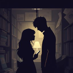 The silhouette of two characters inside a bookstore, illuminated by the soft light of a reading lamp