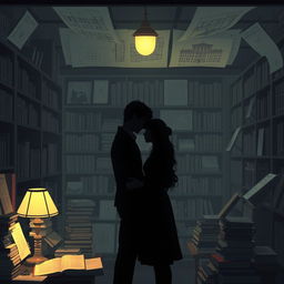 The silhouette of two characters inside a bookstore, illuminated by the soft light of a reading lamp