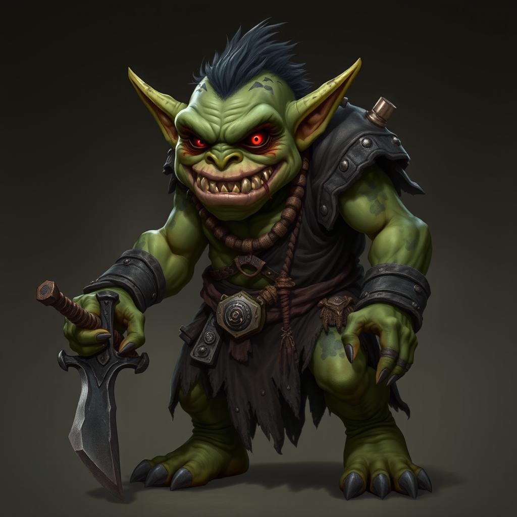 Groth, an imposing goblin leader, stands noticeably taller and more muscular than his kin, at about 4 feet tall