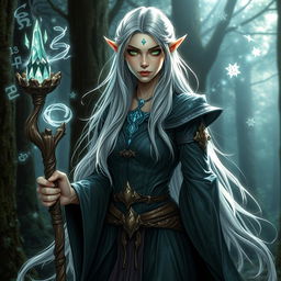 A powerful and mysterious Dungeons & Dragons character, a female elf sorceress with long flowing silver hair and piercing green eyes