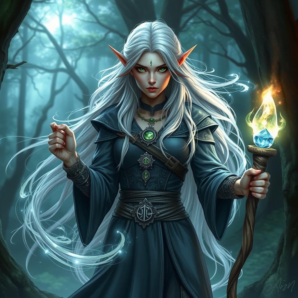 A powerful and mysterious Dungeons & Dragons character, a female elf sorceress with long flowing silver hair and piercing green eyes