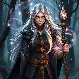 A powerful and mysterious Dungeons & Dragons character, a female elf sorceress with long flowing silver hair and piercing green eyes