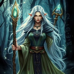 A powerful and mysterious Dungeons & Dragons character, a female elf sorceress with long flowing silver hair and piercing green eyes