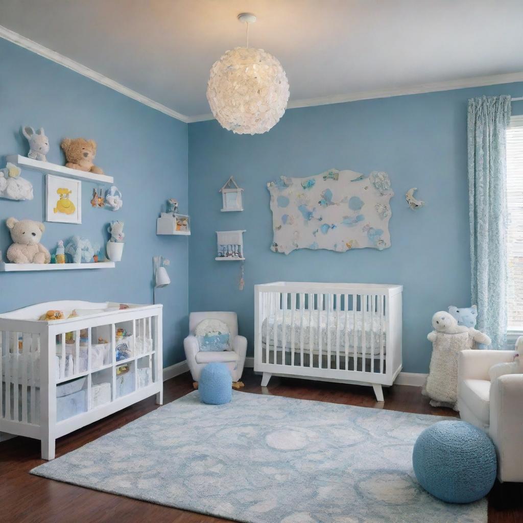 A toy-filled, imaginative baby-proof nursery. Along with zany wall designs in a blue and white color scheme, the room brims with a delightful assortment of toys. The open space houses everything from plushies to educational toys, creating a captivating play paradise.