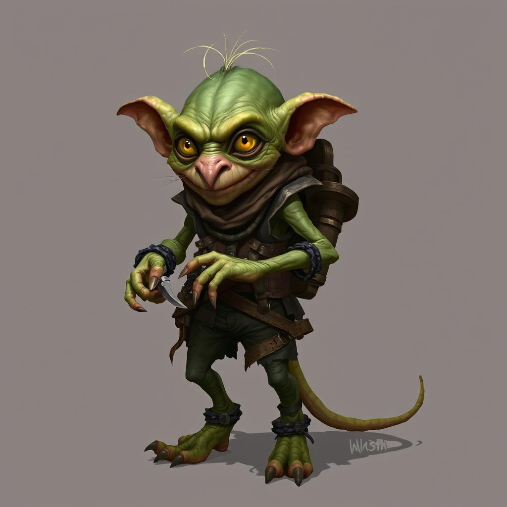 Skrit is a smaller, wiry goblin, standing at about 3 feet tall, with sickly greenish-yellow skin and a lean, sinewy build