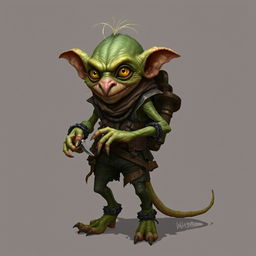 Skrit is a smaller, wiry goblin, standing at about 3 feet tall, with sickly greenish-yellow skin and a lean, sinewy build